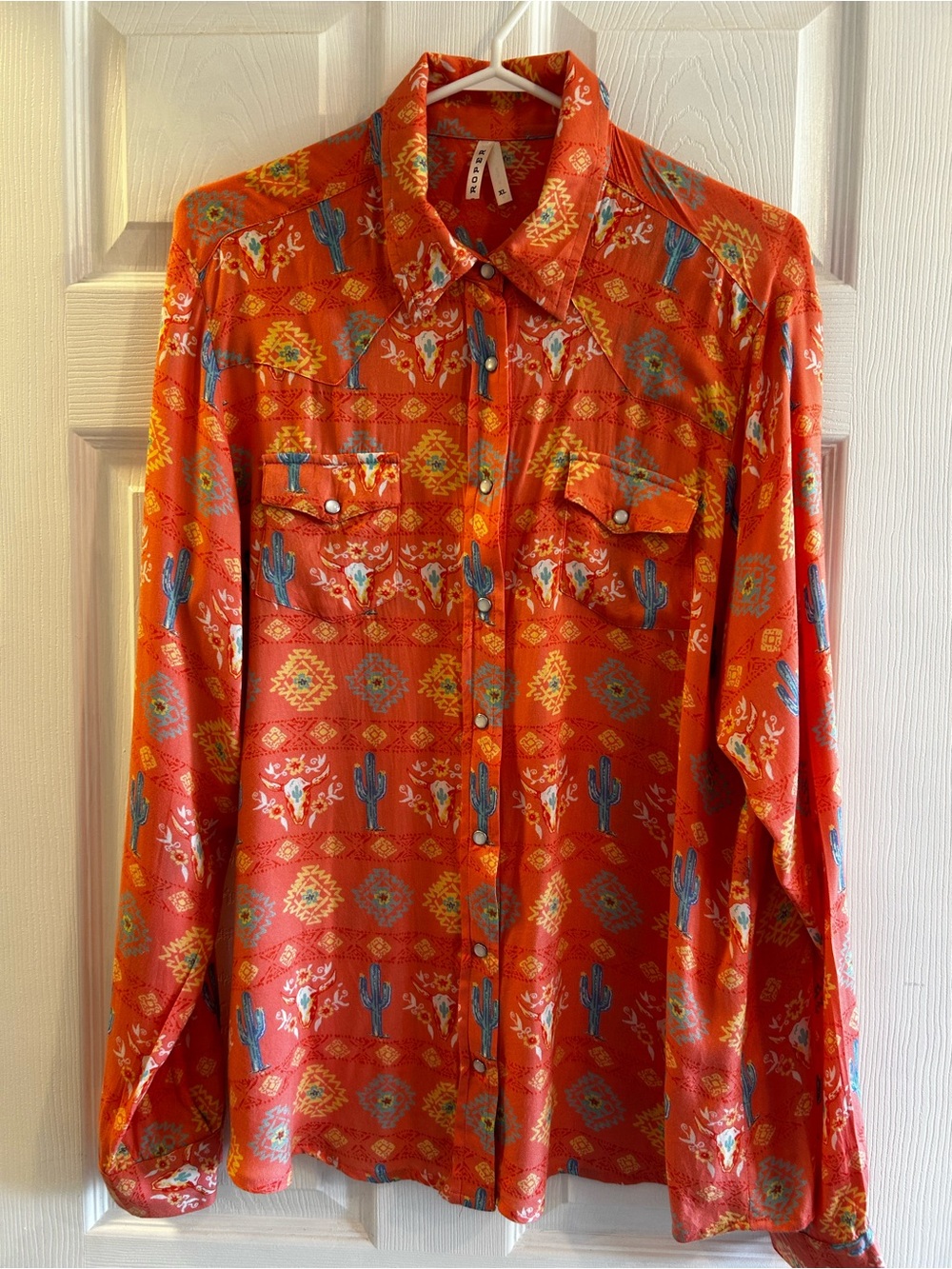 Roper Peach Color Western Button-Down Shirt with Blue Cactus Print